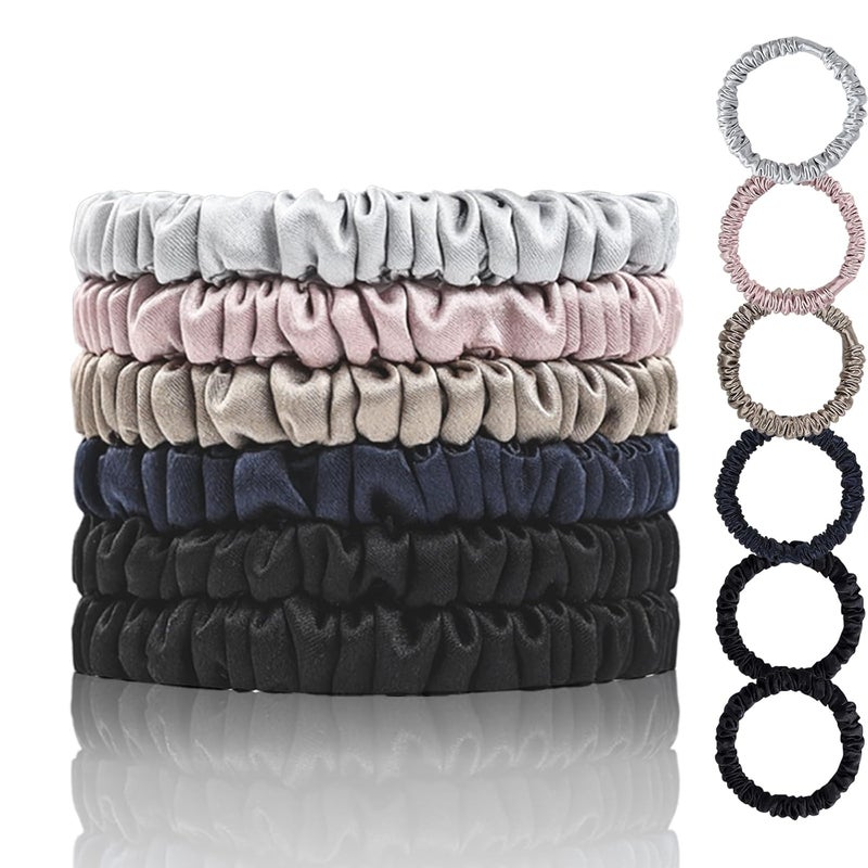 SEMRUE Mulberry Silk Scrunchies for Hair Sleep, Small Hair Ties for Women - 6 Pack (Black*2, Navy*1, Lotus Pink*1, Silver Gray*1, Apricot*1) - Image 1